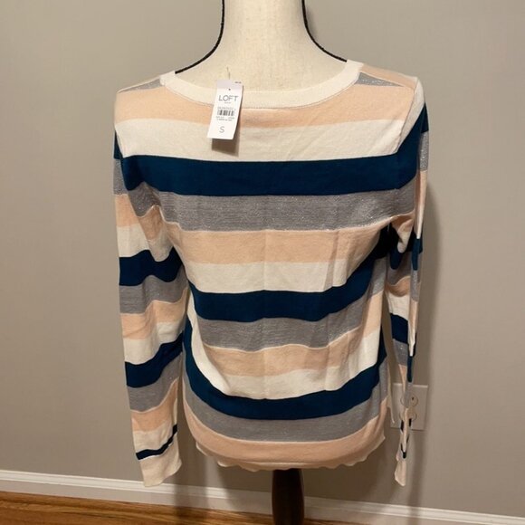 Loft Striped Sweater NWT Teal Pink Metallic Silver White Split Side Hem Soft S - Picture 4 of 7